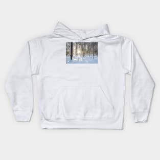 Sunshine in winter forest evening Kids Hoodie